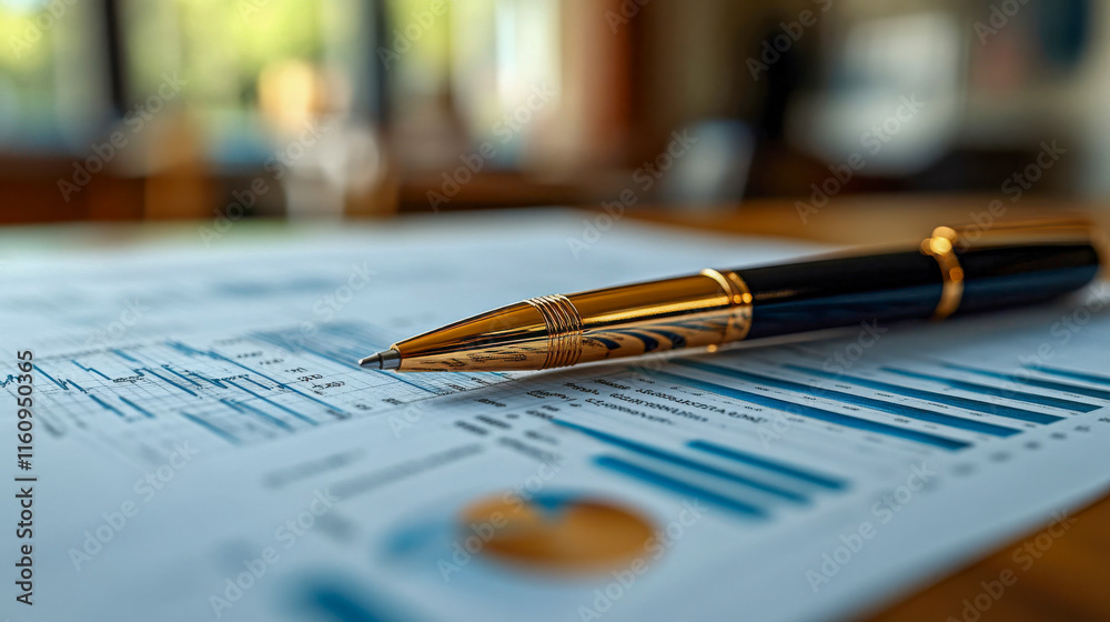 Fototapeta premium A luxury pen rests on a detailed financial chart, symbolizing analysis and professionalism in a corporate setting