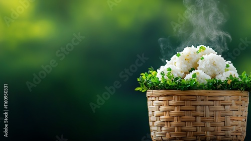 Indonesian klepon sweet rice balls in a basket, Balinese family courtyard surrounded by greenery photo