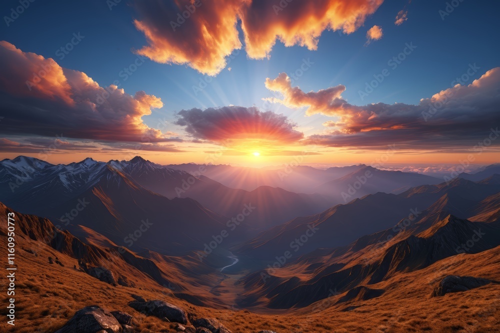 Naklejka premium mountains with a valley and a sunset in the background