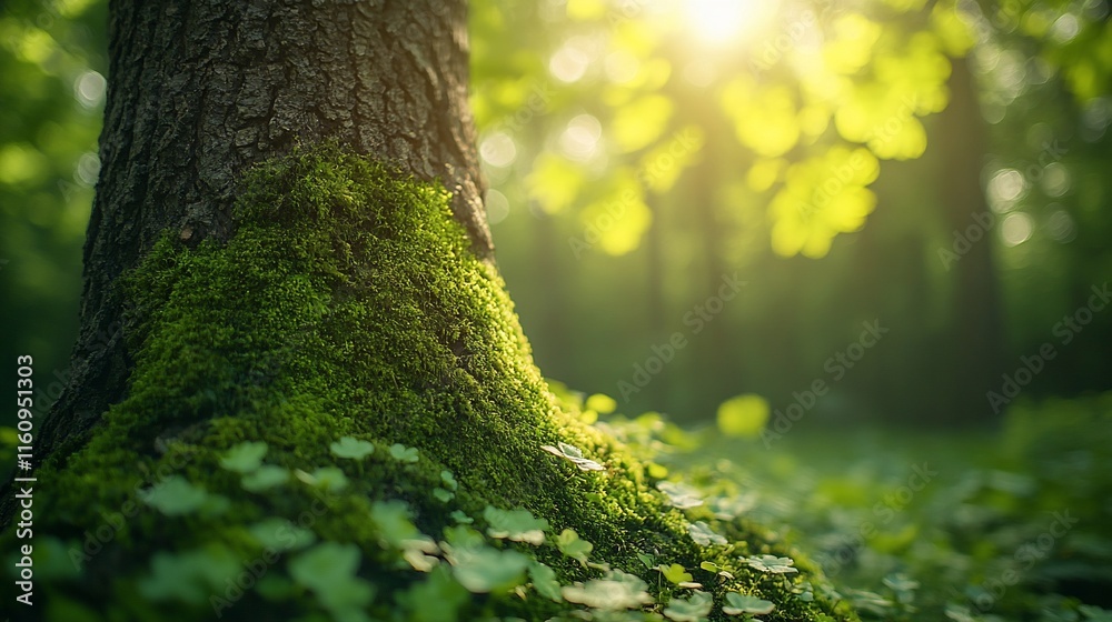 Fototapeta premium Sunlight Illuminates Mossy Tree Trunk in Lush Forest