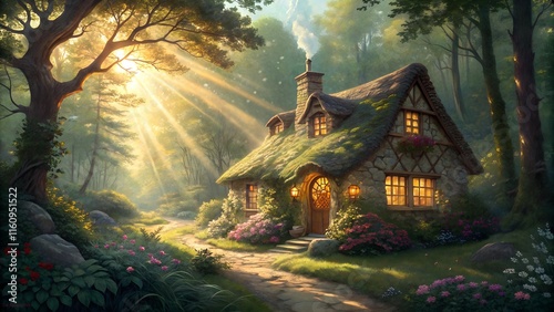 Wallpaper Mural A forest cottage glowing with warm light, surrounded greenery and sun rays, Torontodigital.ca