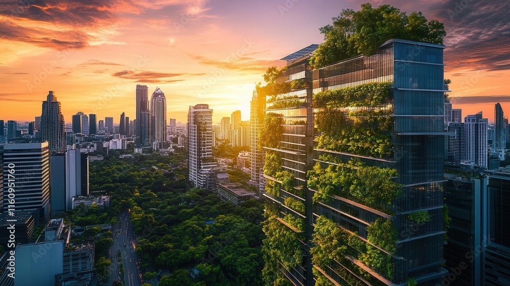Obraz premium sustainable urban architecture modern green building with vertical gardens and solar panels integration in city skyline at sunset