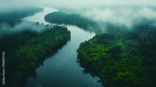 Wallpaper Mural Aerial perspective of meandering river cutting through vibrant emerald tropical rainforest canopy, showcasing pristine wilderness in misty morning atmosphere. Torontodigital.ca