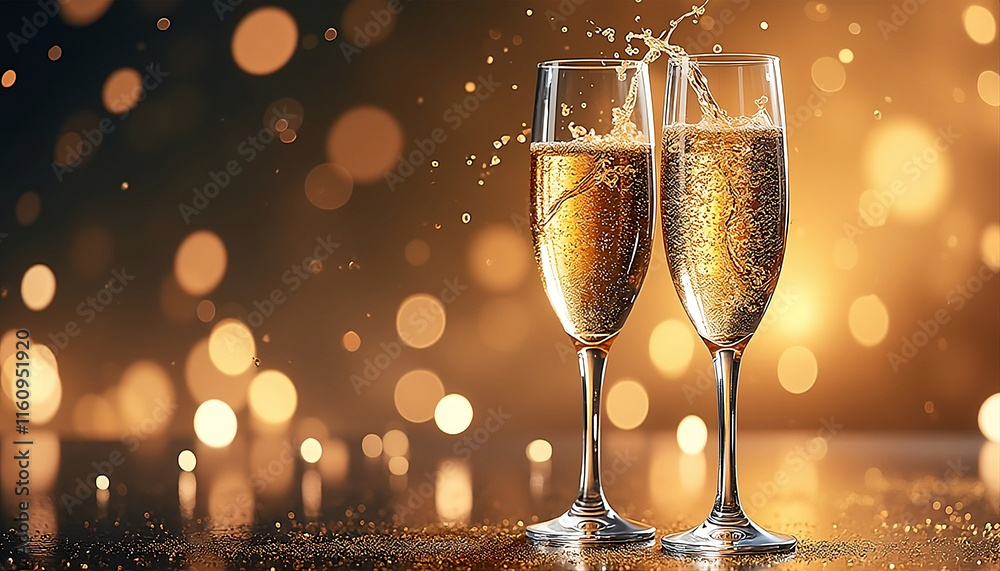 Bubbles, Golden Champagne, and Splashing Two Glasses in a Festive Bokeh Scene for New Year, birthday, or other celebrations Bubbles, Golden Champagne, and Splashing Two Glasses in a Festive Bokeh Scene for New Year, birthday, or other celebrations