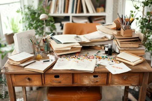A cluttered desk with scattered pills, syringes, and drug paraphernalia, set in a run-down room
