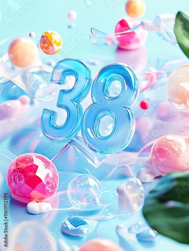 Number 38 in vibrant, translucent blue, set against a pastel background with colorful spheres and organic shapes. photo