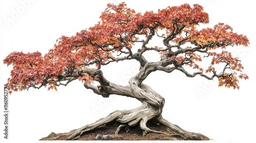 title ancient gnarled japanese maple tree with twisted branches and red autumn foliage isolated on white background for landscape design
