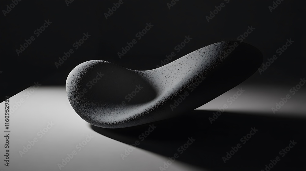 A black object with a curved shape is on a white surface A black object with a curved shape is on a white surface