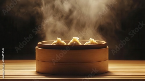 traditional asian culinary art presentation of handcrafted dim sum dumplings with steam rising in authentic bamboo steamer