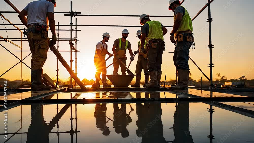 Construction Workers Collaborating on a Building Site at Sunset with Scaffolding and Reflective Surfaces

