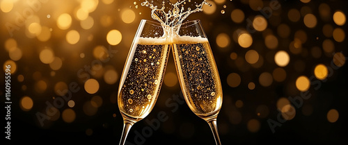 Bubbles Rising Around Splashing Champagne Glasses for New Year, birthday, or other celebrations