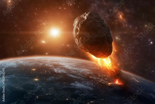 Fototapeta Naklejka Na Ścianę i Meble -  A dramatic depiction of an asteroid hitting Earth, viewed from space, with vibrant explosions and shockwaves rippling across the planet