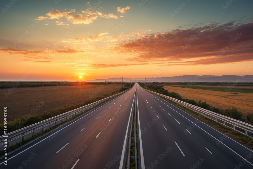 Naklejka premium arafed highway with a sunset in the background and a field of grass