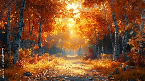 Golden Pathway Through Vibrant Autumn Trees Creating Warmth Background
