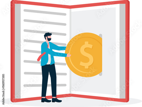 A man puts coins into a book and there is a ladder next to him, illustration for educational investment.

