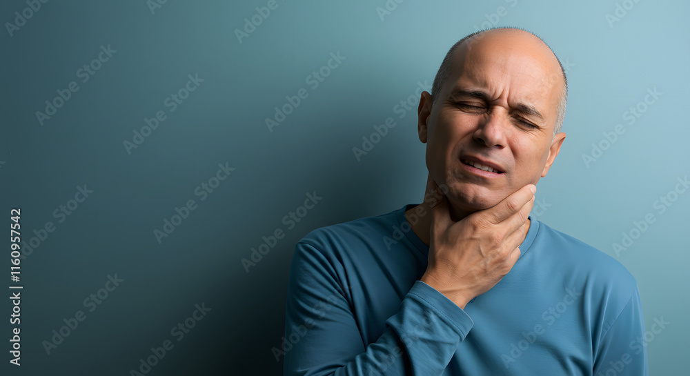 Man Throat Pain Teal Background Serious Expression Man Throat Pain Teal Background Serious Expression