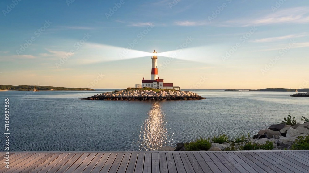 Fototapeta premium Divine Light, Beacon of Hope. A lighthouse shining brightly over calm summer waters, symbolizing guidance and divine presence.
