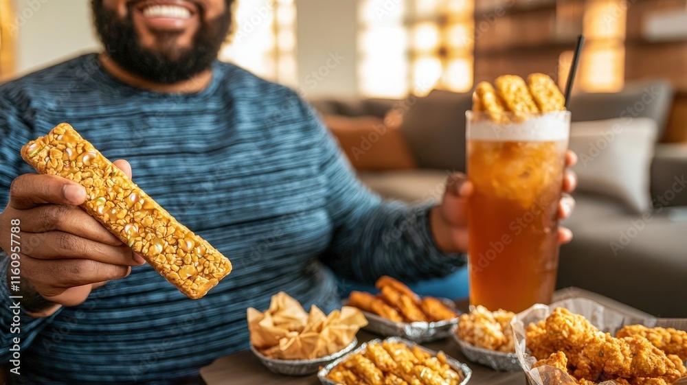 A joyful man enjoys a variety of delicious fried foods and a refreshing drink in a cozy setting. A joyful man enjoys a variety of delicious fried foods and a refreshing drink in a cozy setting.