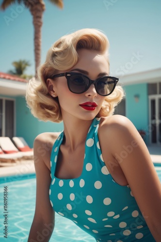 Retro Woman by Pool  Summer Fashion  Pinup Girl    s Style