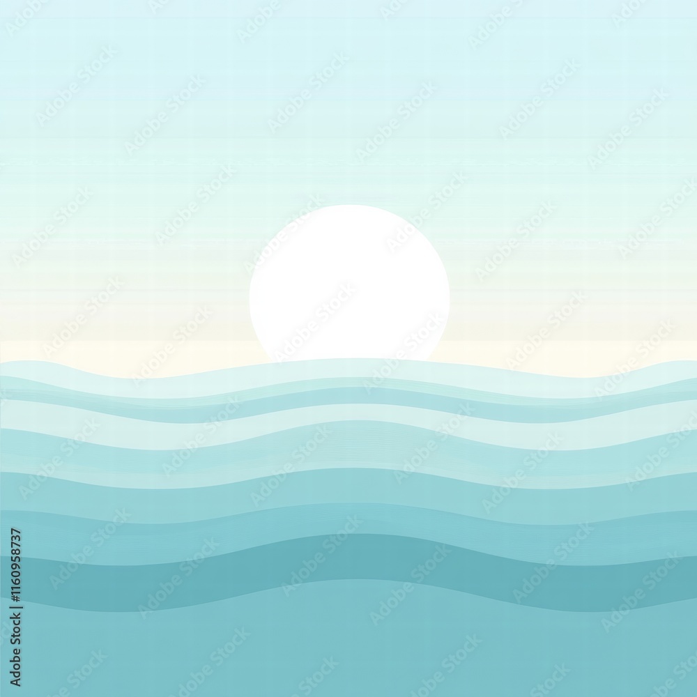 Stylized sun setting over soft waves with ample space for text or design. Generative AI Stylized sun setting over soft waves with ample space for text or design. Generative AI