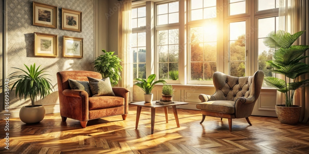 A sunlit living room with two plush armchairs, a wooden coffee table, and potted plants, creating a cozy and inviting atmosphere. A sunlit living room with two plush armchairs, a wooden coffee table, and potted plants, creating a cozy and inviting atmosphere.
