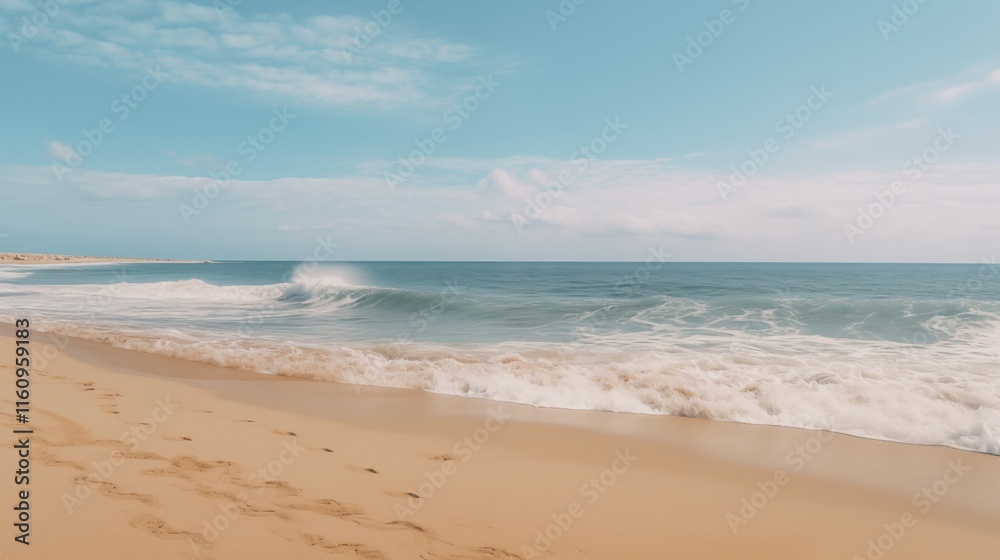 A tranquil beach with golden sands and gentle waves, soft natural light, space on the right for branding,generative ai illustration A tranquil beach with golden sands and gentle waves, soft natural light, space on the right for branding,generative ai illustration