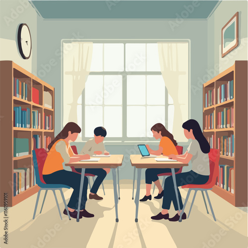 University Library Illustration vector design, Students in University Library vector design