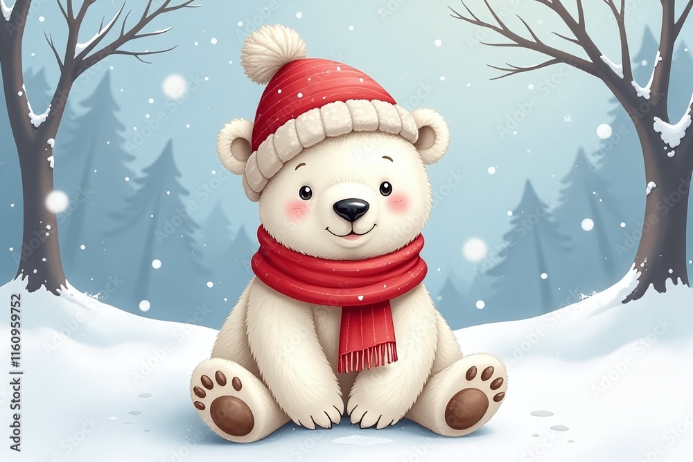polar bear baby wears hat scarf snowy winter scene soft watercolor painting polar bear baby wears hat scarf snowy winter scene soft watercolor painting
