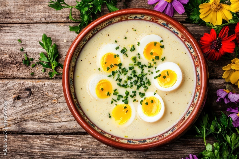 Creamy Soup with Boiled Eggs and Fresh Herbs on Rustic Table Creamy Soup with Boiled Eggs and Fresh Herbs on Rustic Table