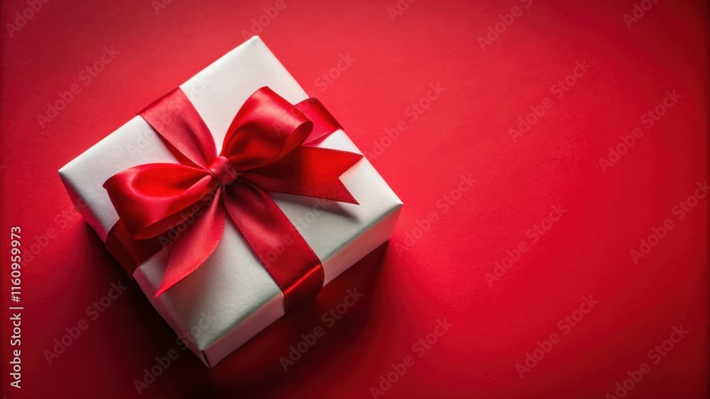 A single white gift box with a bright red satin bow on a red background, a simple yet elegant display of festive cheer. A single white gift box with a bright red satin bow on a red background, a simple yet elegant display of festive cheer.