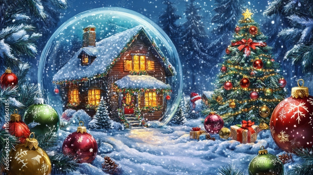 Fototapeta premium Christmas festive snow globe with house and fir tree. Happy New Year and Merry Christmas. Christmas transparent baubles and fir tree on blue background with sparkling lights and snowflakes