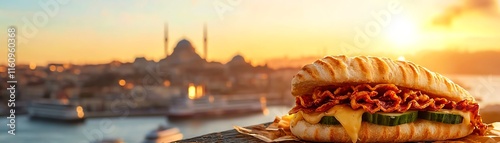 Turkish simit sandwich with cheese and cucumber, Istanbul s Bosphorus waterfront filled with ferries photo