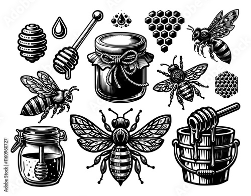 Honey Bee Line Art Vector Elements Set, Beehive, Honeycomb, Honey Spoon and Insects, Homemade Glass Jar. Generative AI