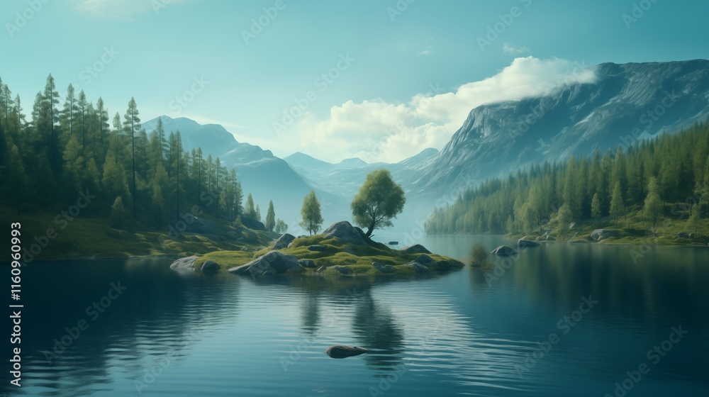 Fototapeta premium A tranquil lake with a mountain backdrop, studio lighting setup, space on the right for logo,generative ai illustration