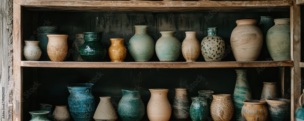 Mud pottery vases of varied sizes arranged on a shelf, creating a uniform color theme. Mud pottery vases of varied sizes arranged on a shelf, creating a uniform color theme.