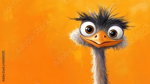 whimsical cartoon ostrich character with cheerful expression and vibrant orange background perfect for children's books and animation projects