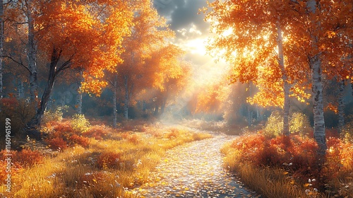 Golden Trees Enhancing the Beauty of Tranquil Autumn Forest Path Background
