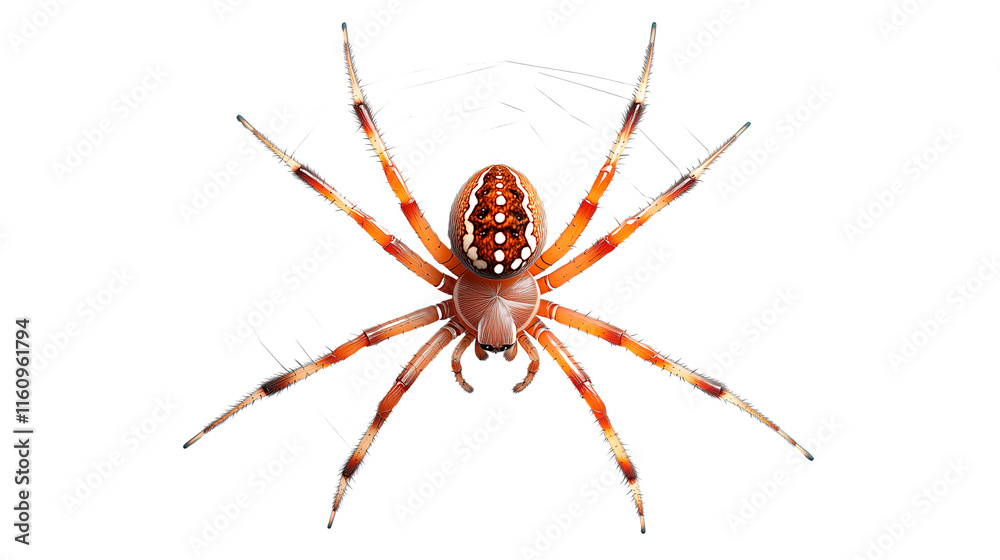 A large garden spider sits motionless in the center of its perfectly woven web, patiently waiting for its prey, isolated on a white background. A large garden spider sits motionless in the center of its perfectly woven web, patiently waiting for its prey, isolated on a white background.