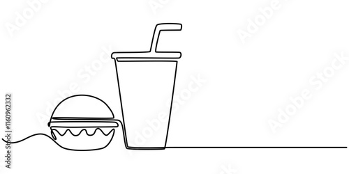 Thin Line Fast Food Icon. Soda And Hamburger, Burger and soda takeout food in continuous line art drawing style. Fast-food minimalist black linear sketch isolated on white background. Pro Vector. 