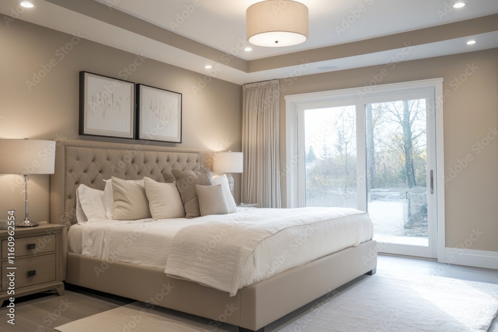 Fototapeta premium Cozy bedroom featuring soft colors, elegant furnishings, and nat