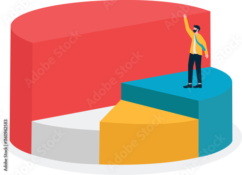 man tries to climb the biggest pie chart, a metaphor for market share. Simple flat conceptual illustration.

