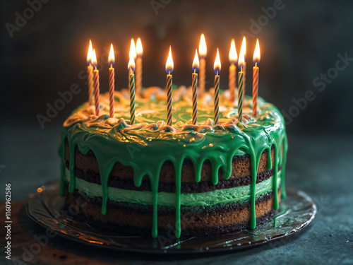 birthday green cake with glaze and lit candles looking delicious on dark background