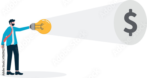 a person holding an idea lamp illuminates a money symbol, a metaphor for intellectual property rights. Simple flat conceptual illustration.
