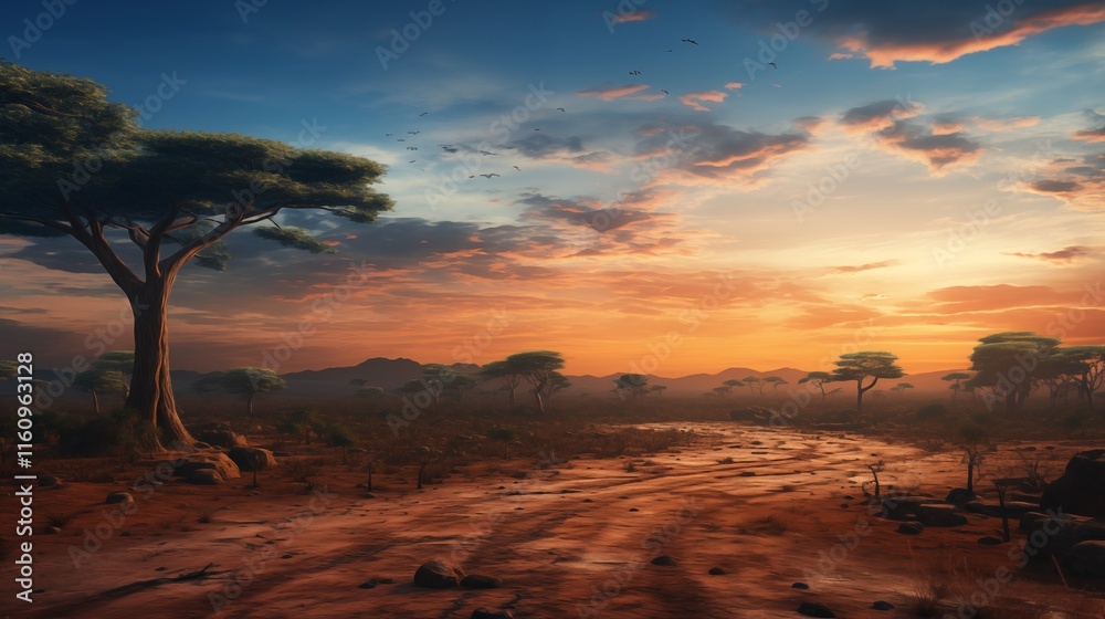 A vast savannah with scattered acacia trees at sunset, hard light, space on the left for logo,generative ai illustration A vast savannah with scattered acacia trees at sunset, hard light, space on the left for logo,generative ai illustration