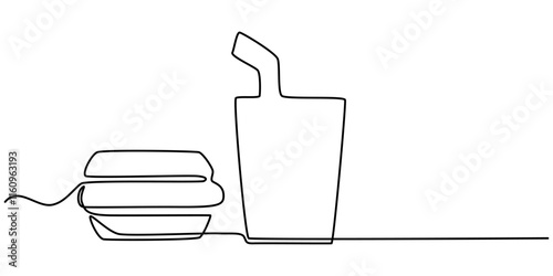 Thin Line Fast Food Icon. Soda And Hamburger, Burger and soda takeout food in continuous line art drawing style. Fast-food minimalist black linear sketch isolated on white background. Pro Vector. 