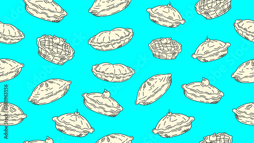 Seamless pattern of doodle pie cake on bright blue background. Hand drawn pie cake sketch motif wallpaper. Pastry, bakery wallpaper, paper wrapper. print, packaging. Vector illustration