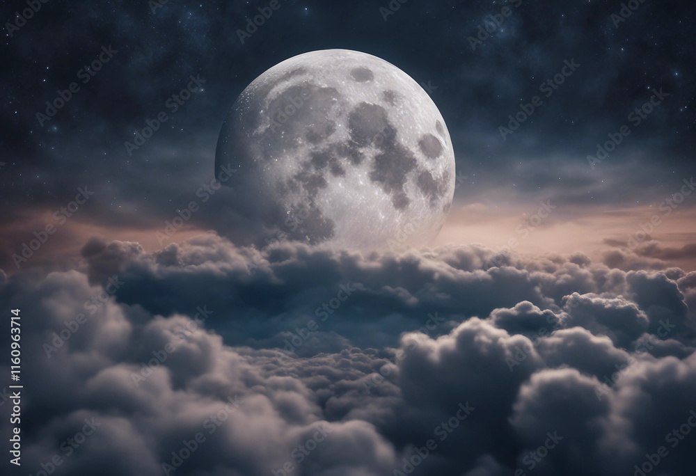 Romantic Moon In Starry Night Over Clouds Romantic Moon In Starry Night Over Clouds