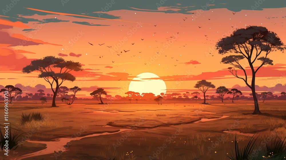 Fototapeta premium A vast savannah with scattered acacia trees at sunset, hard light, space on the left for logo,generative ai illustration