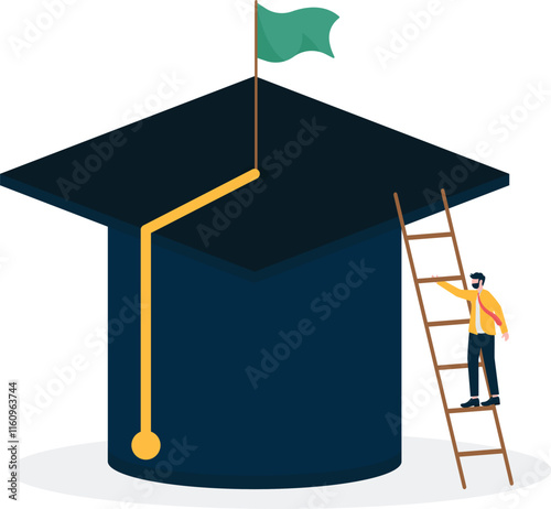 person climbing coins up onto graduation cap, metaphor of educational scholarship.
