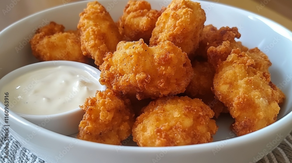 Fried gluten free cornflake crumb chicken nuggets next to a white ceramic bowl of white sauce on white baking paper. Dipped nugget.Top view. Fried gluten free cornflake crumb chicken nuggets next to a white ceramic bowl of white sauce on white baking paper. Dipped nugget.Top view.